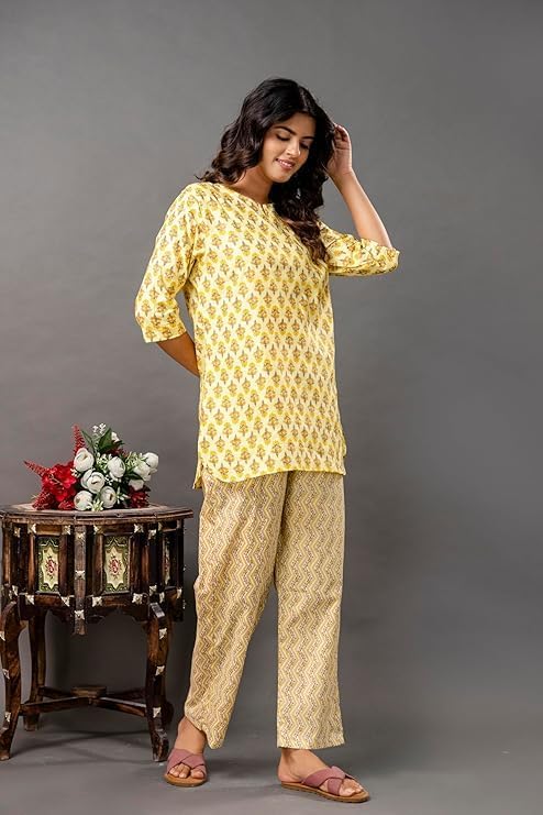 Image of Pure Cotton Printed Night Suit Set | Top Pyjama Set for Women | Night Dress of Kurta Pyjama Set for Women | Kurta Top Set