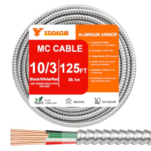 Image of 125FT 10 /3 Metal Clad (MC) Cable with Ground, 10 Gauge Electric Wire with Aluminum Armor, Solid Bare Copper Conductors for Indoor Outdoor Underground Embedded Installation (10 /3, 125 ft)