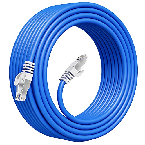 Cable LAN de 50 metros, CAT6A, 50 m, uso exterior, resistente al agua, CCA - FTP 23 AWG Direct Burial Ethernet - 550 MHz - Azul - 50 metros con abrazadera para cable