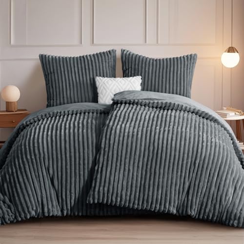 RUIKASI Winter Flanell Bettwäsche 135 x 200 4teilig Grau - Plüsch Warme Flauschig Winterbettwäsche Cord Teddy Fleece Cashmere-Touch Bettbezug mit Reißverschluss und 2 Kissenbezug 80x80cm
