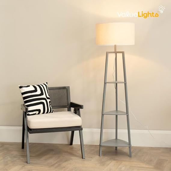 ValueLights | Matt Black Wooden 3 Tier Shelf Floor Lamp with Black Trim Drum Shade Living Room Lounge Light | Floor Lamps, Home Décor & Improvement Essential | Included LED Bulb [Energy Class F]