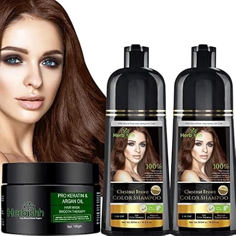 Combo Pack-2pcs Herbishh Hair Color Shampoo for Gray Hair+ 1pc Argan Intense Hair Mask- Hair Dye Shampoo - Long-lasting color- 500 Ml -Stimulates Dry Frizzy Hair (Chestnut Brown) Cover