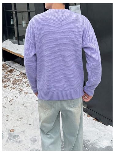 Verdusa Men's Drop Shoulder Long Sleeve Knit Sweaters Textured Crewneck Pullover Sweater Purple Large2
