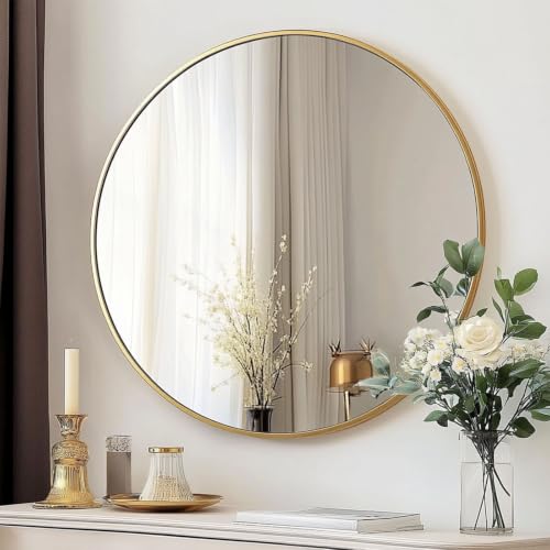Image of Oruii Gold Round Mirror 30 inch, Large Golden Circle Mirror Metal Frame, Large Brass Circular Mirrors for Living Room, Dining Room, Entryway, Hallway, Foyer, Bathroom, Wall