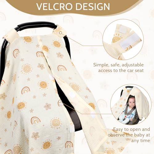 Image of Car Seat Cover Baby Girls Boys, Summer Cotton Baby Car Seat Cover for Carseat, Comfortable Muslin Nursing Cover, Soft Baby Blanket, Breathable Lightweight Infant Stroller Canopy, Rainbow