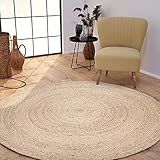 TT Home Jute Teppich Rund Wohnzimmer Esszimmer Boho Modern Handgemacht Mit Umrandung, Farbe:Elfenbein 2, Größe:80 cm Rund