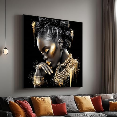 Portrait de femme africaine noir et or, toile culturelle 55x55cm