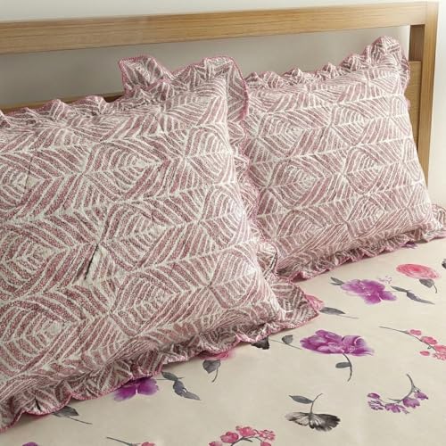 Image of Home Sizzler Microfibre Floral Print Double Fitted Bedsheet, 72x78 inch, Cream & Pink with 2 Ruffled Edge Pillow Covers