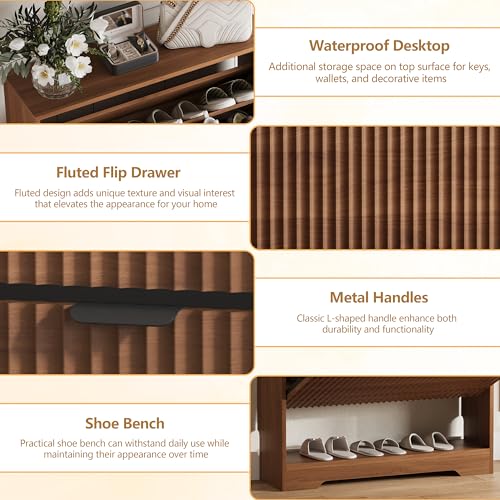 Image of HUANLEGO Shoe Cabinet Storage for Entryway with 2 Flip Drawers, Walnut Fluted Shoe Cabinet with Open Storage, Wooden Hidden Shoe Rack Freestanding Narrow Slim Shoes Organizer for Hallway, Entrance