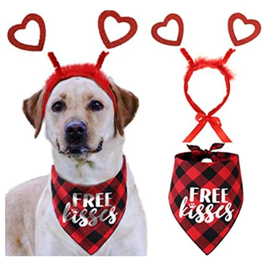 Valentines Day Dog Costume, Red Heart Headband and Buffalo Plaid Pet Bandana