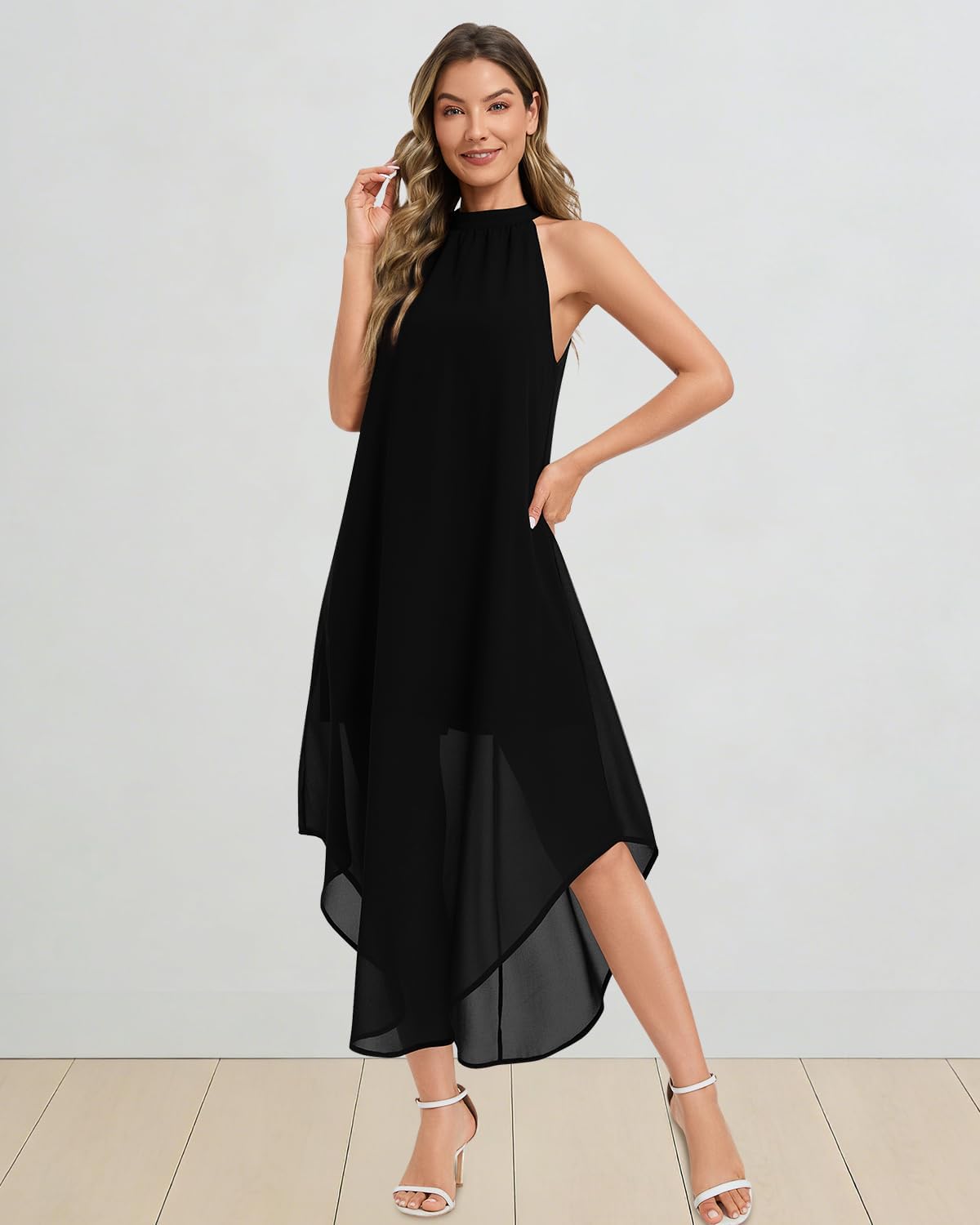 Women's Halter Wedding Guest Dress 2026 Flowy Chiffon Sleeveless Maxi with Asymmetrical Hem for Summer Formal Events
