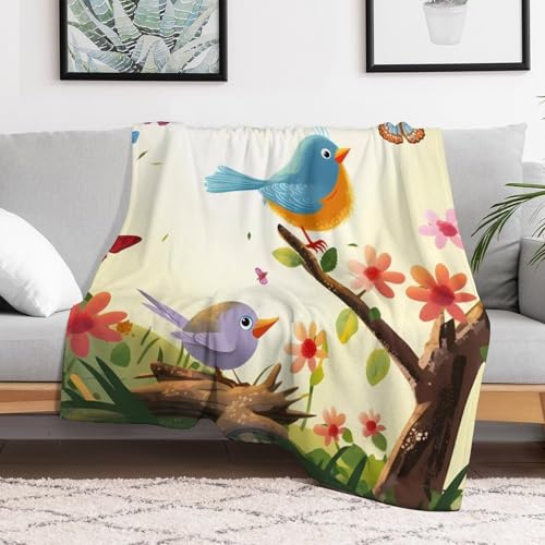 Couverture en flanelle douce de qualité supérieure - Plaid élégant oiseaux et papillons 130x150