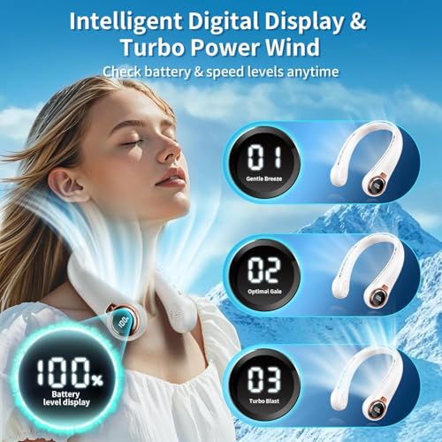 Image of Portable Neck Fan with 6000mAh USB - Rechargeable Battery, Ultra-Light Bladeless Neck Fan LED Display, 360 Cooling Wearable Fan, 3 Speeds-White
