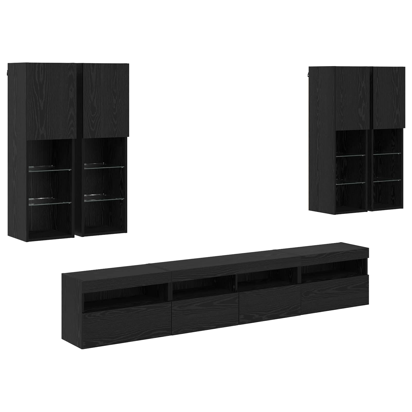 Juego de 7 armarios para TV con luces LED, aspecto de roble negro, 100 x 30 x 40 cm, diseño moderno para sala de estar, dormitorio