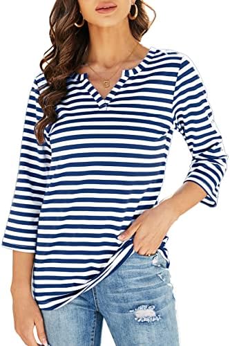 Hojudo Womens Soft V Neck 3 4 Sleeve Tunic Top Striped Henley Shirts Blouses Blue-White