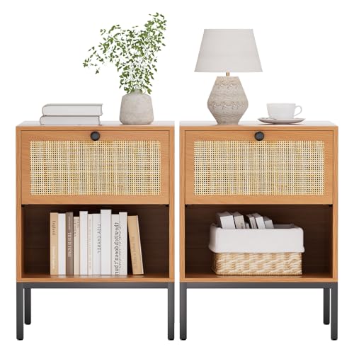 XIAO WEI Rattan Nightstand Set with Drawer