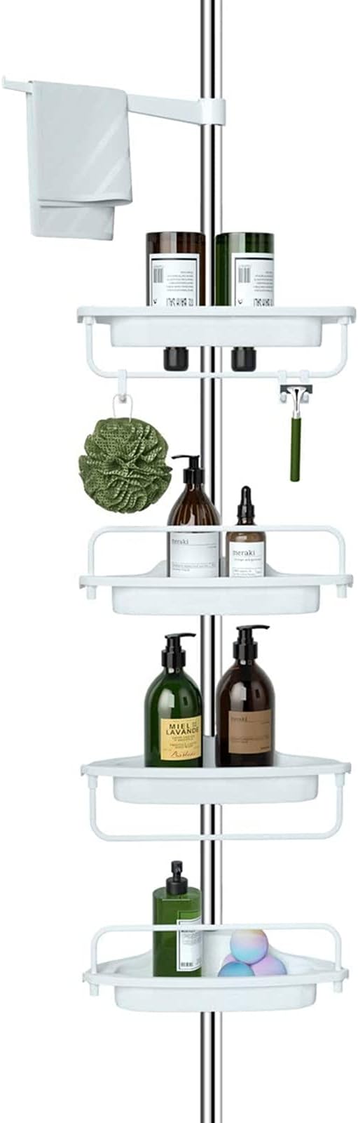 U-HOOME 4 Tier Shower Caddy Tension Pole Bathroom Corner Shelf Adjustable Storage Rack Bathtub Telescopic Shampoo Soap Organiser with Towel Bar, Ivory