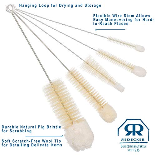 Image of REDECKER Wool Tip Bottle Cleaning Brush Set with Pig Hair Bristles and Wire Handles, Set of 5, Various Sizes, Made in Germany - Bottle Cleaner Brush - Bottle Brush Soft Tip