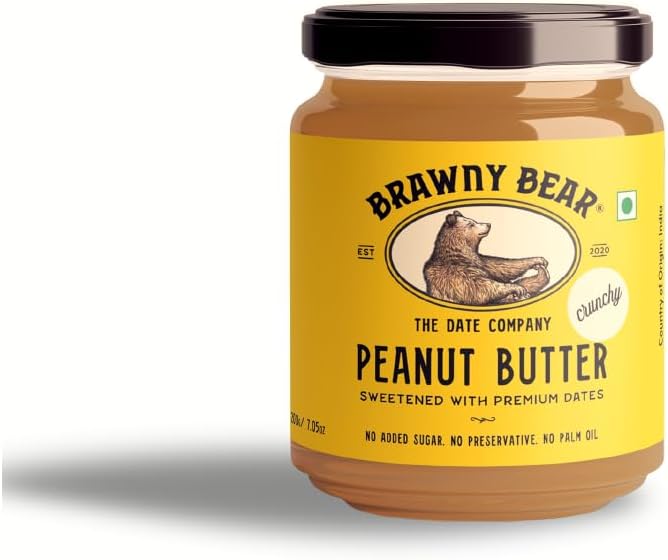 Brawny Bear Peanut Butter Crunchy, Natural Sweetened with Dates, Healthy Nut Butter with No Added Sugar and Preservatives, Vegan, High in Protein Spread 500 gm