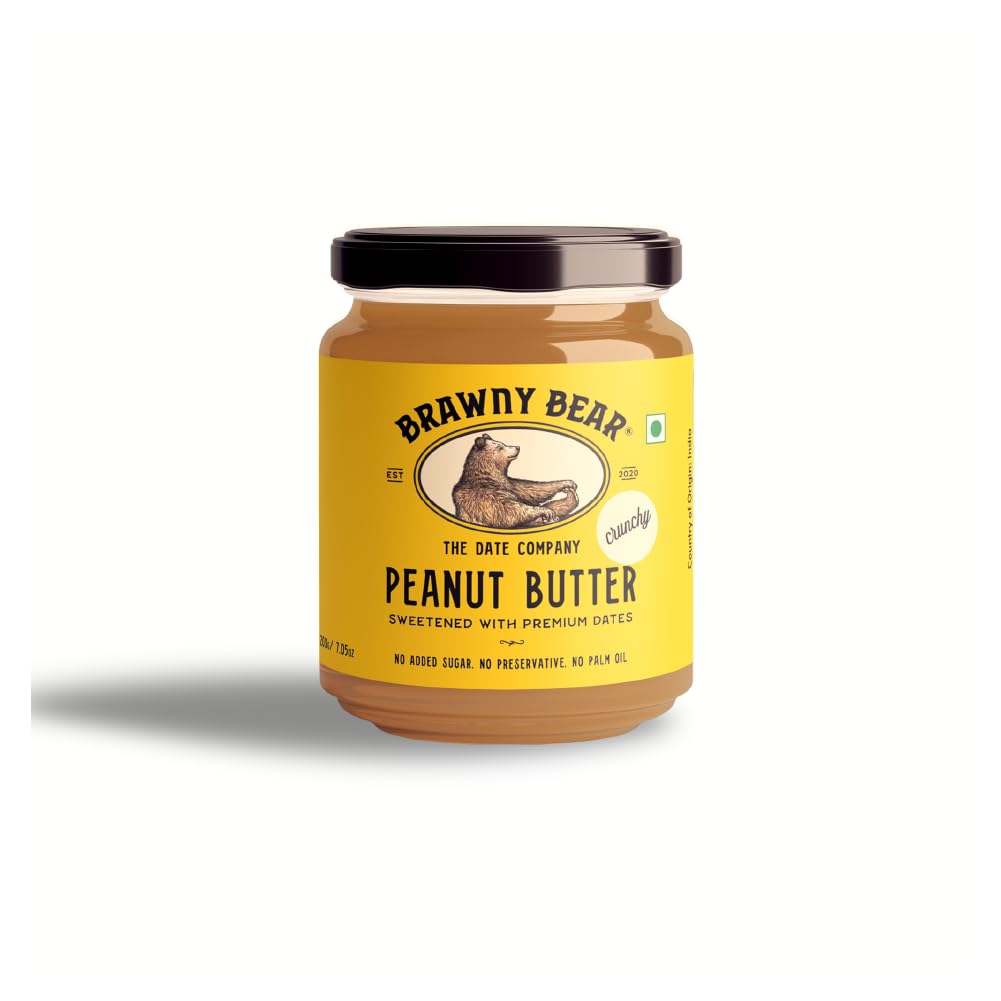 Brawny Bear Peanut Butter Crunchy, Natural Sweetened with Dates, Healthy Nut Butter with No Added Sugar and Preservatives, Vegan, High in Protein Spread 500 gm