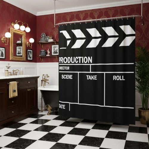 Castle Fairy Movie Clapboard Shower Curtain Black and White Bathroom Shower Curtain Set for Kids Adult Movie Theater Film Bath Curtain Vintage Cinema Waterproof Curtains Room Decor 72 x 72 Inch