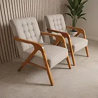 Kit 2 Poltronas Decorativas Estofadas em Linho Pés de Madeira Maciça Para Sala de Estar (Bege)