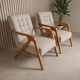 Kit 2 Poltronas Decorativas Estofadas em Linho Pés de Madeira Maciça Para Sala de Estar (Bege)