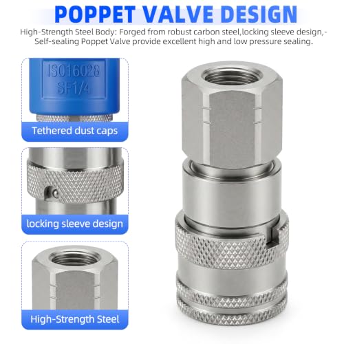 Image of 1 /4'' NPT Flat Face Hydraulic Quick Connect Couplers /Couplings Set w /Dust Caps ISO 16028 Standard, Skid Steer Bobcat 1 /4 Body Quick Disconnect 2Set