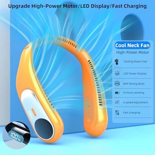 Image of Portable Neck Fan, Personal Wearable Bladeless Fan for Outdoor Indoor, LED Display, 360 Cooling, 4-Speeds, 6000mAh USB Rechargeable, Birthday Gifts for Men Women Dad Mom (Orange)