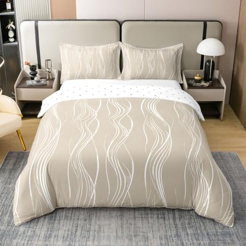 Homewish Juego de ropa de cama de algodón con funda de edredón para niños y adolescentes, diseño geométrico de rayas de fantasía, tamaño King, color gris pardo, moderno juego de cama con textura