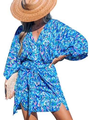 Image of CUPSHE Womens Vacation Mini Summer Dress V Neck Kimono Sleeve Belted Flowy Loose Resort Wear Casual Beach Cover Up Dress