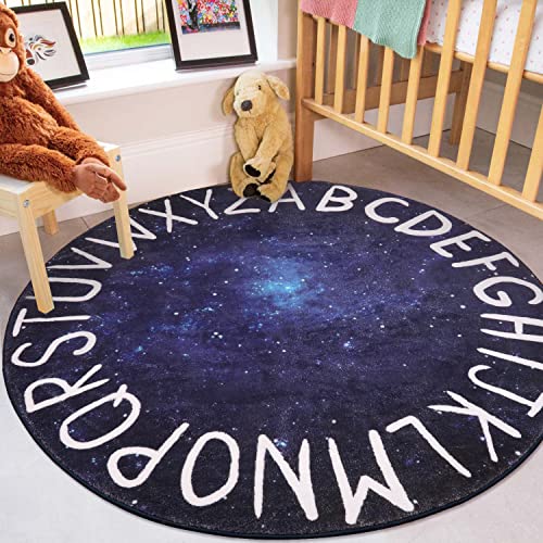 Livebox Space Round Kids Rug For Boy And Girl,Circle Alphabet Washable Rug Crawling Nursery Rug For Playroom,Galaxy Non-Slip Play Mat Learning Carpet For Children Room (59",Star Blue) #TOP1