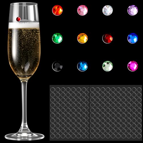 Boao 12 Pcs Christmas Wine Glass Pendant Set, Handleless Wine Glass Markers, Colored Crystals, 200 Clear Adhesive Fixing Suitable for Christmas Champagne, Cocktail Glasses, Bar Party Martini