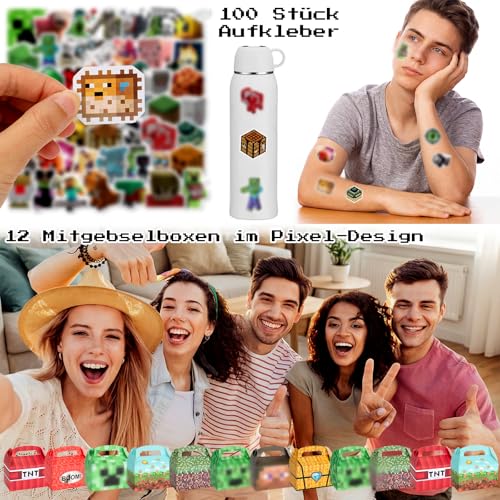 160-teiliges Pixel Mitgebsel Set für 12 Gäste, Miner Gamer Gastgeschenke zum Geburtstag mit 12 Pixel Sonnenbrillen, Geschenkboxen, Schlüsselanhängern, Armbändern, Schnapparmbändern und 100 Stickern