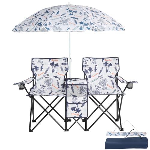 GODECOR Camping Chairs, Folding Double Chair with Removable Umbrella, Cup Holders, Cooler Bag, Side Pocket & Carry Bag, for Beach, Outdoor, Sports,
