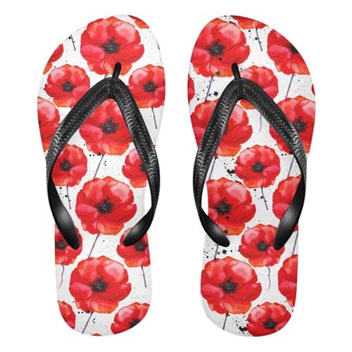 Red Flower White Red Flip Flops for Beach Thong Sandals Anti-slip Lightweight Shower Shoes for Summer Swim Travel
