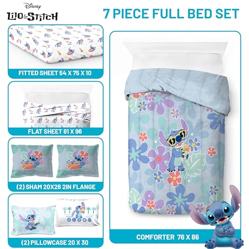 Image of Disney Lilo and Stitch Full Size Comforter Set 7 Piece Kids Bedding, Multi | Bed in a Bag, Comforter Sheets Shams Pillowcases, Official Product, Soft Microfiber, Machine Washable, Girls Gift