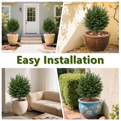 28\" UV Resistant Artificial Shrubs for Outdoors - Real Looking Faux Bushes, Fake Cedar Trees, Outdoor Faux Ball Plants & Topiaries - Set of 2 Artificial Shrubs, Artificial Bushes for Garden Decor