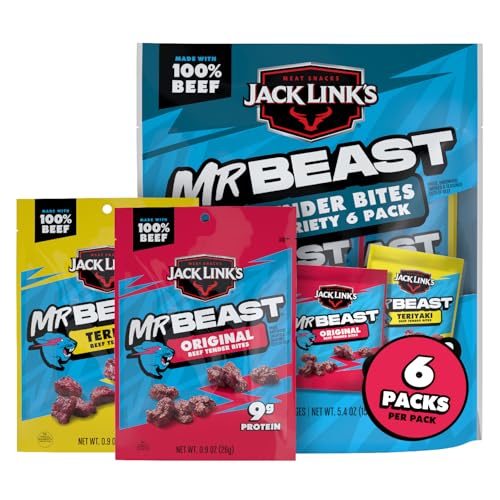 Jack Link's x MrBeast Original and Teriyaki Tender Bites Variety Pack - (6 Pack) 5.4 oz Bags - Ready to Eat Protein Snacks - Up to 10g Protein per Bag - Made with 100% Beef