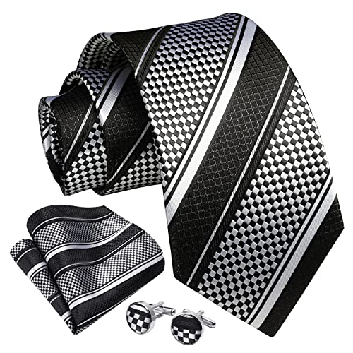 Image of Enlision Mens Ties Stripe Tie and Pocket Square Set Classic Formal Woven Neckties Handkerchief Cufflinks Wedding