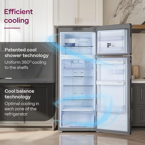 Image of Godrej 308 L 2 Star | 4-In-1 Convertible Technology | AI Powered | 360 Cooling | 95%+ Food Surface Disinfection | Inverter Frost Free Double Door Refrigerator (RF EON 331B RCIT ST RH, Steel Rush)