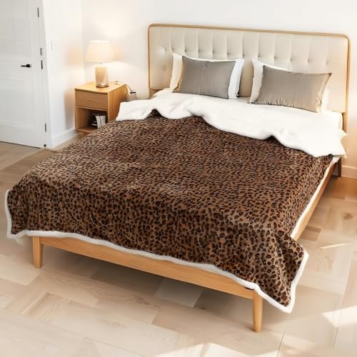 Electric Heated Blanket Queen Size 84x90 ETL Certified for Safe Overnight 4 Heat Settings & 10H Auto Off Dual-Sided Microplush Sherpa for Home Theater Night Machine washable Leopard Print