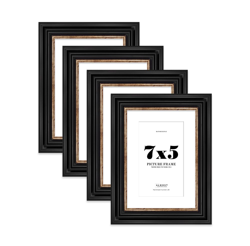 7x5 Black and Gold Picture Frame - 7x5 Frame with 5x3 Mount for 7x5/5x3 Pictures Classic Style Ideal for Home Gallery Display, 4 Pack