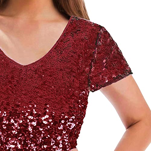 Image of MANER Women's Sequin Glitter Short Sleeve Dress Sexy V Neck Mini Party Club Bodycon Dresses