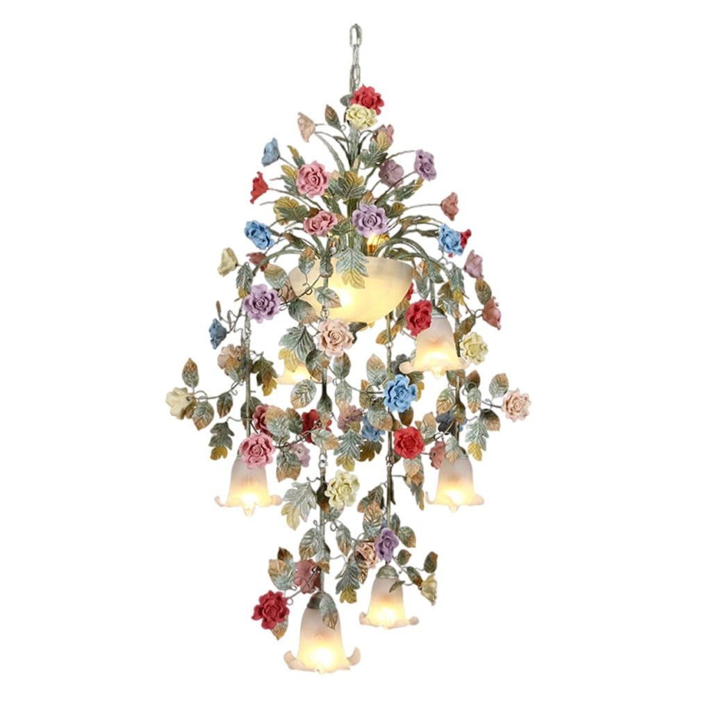 Shabby Chic Floral Chandelier, 8-Light Colorful Rose Cascade Pendant Light with Resin Flowers and Glass Shades, Romantic Vintage Ceiling Light Fixture