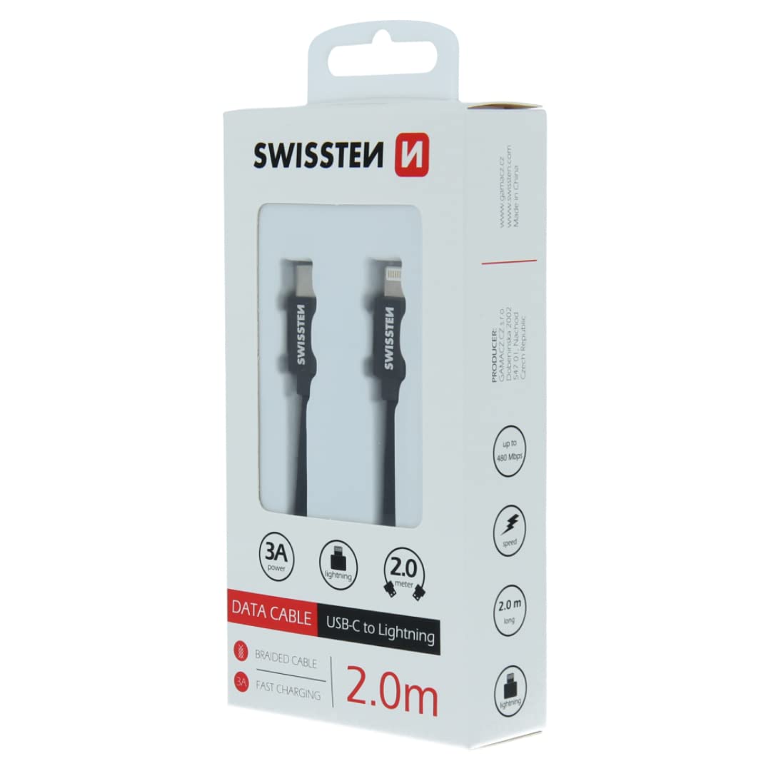 Swissten Cavo di ricarica per iPhone 2 m [certificato MFi] da USB C a Lightning Ricarica rapida tessile intrecciato Ricarica PD rapida per iPhone 14/14 Pro/14 Plus/14 Pro Max, iPad Pro, iPhone 8-13