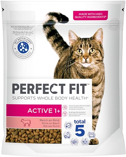PERFECT FIT Adult Trockenfutter für erwachsene, aktive Katzen ab 1 Jahr - Rind, 750g (6 Beutel)