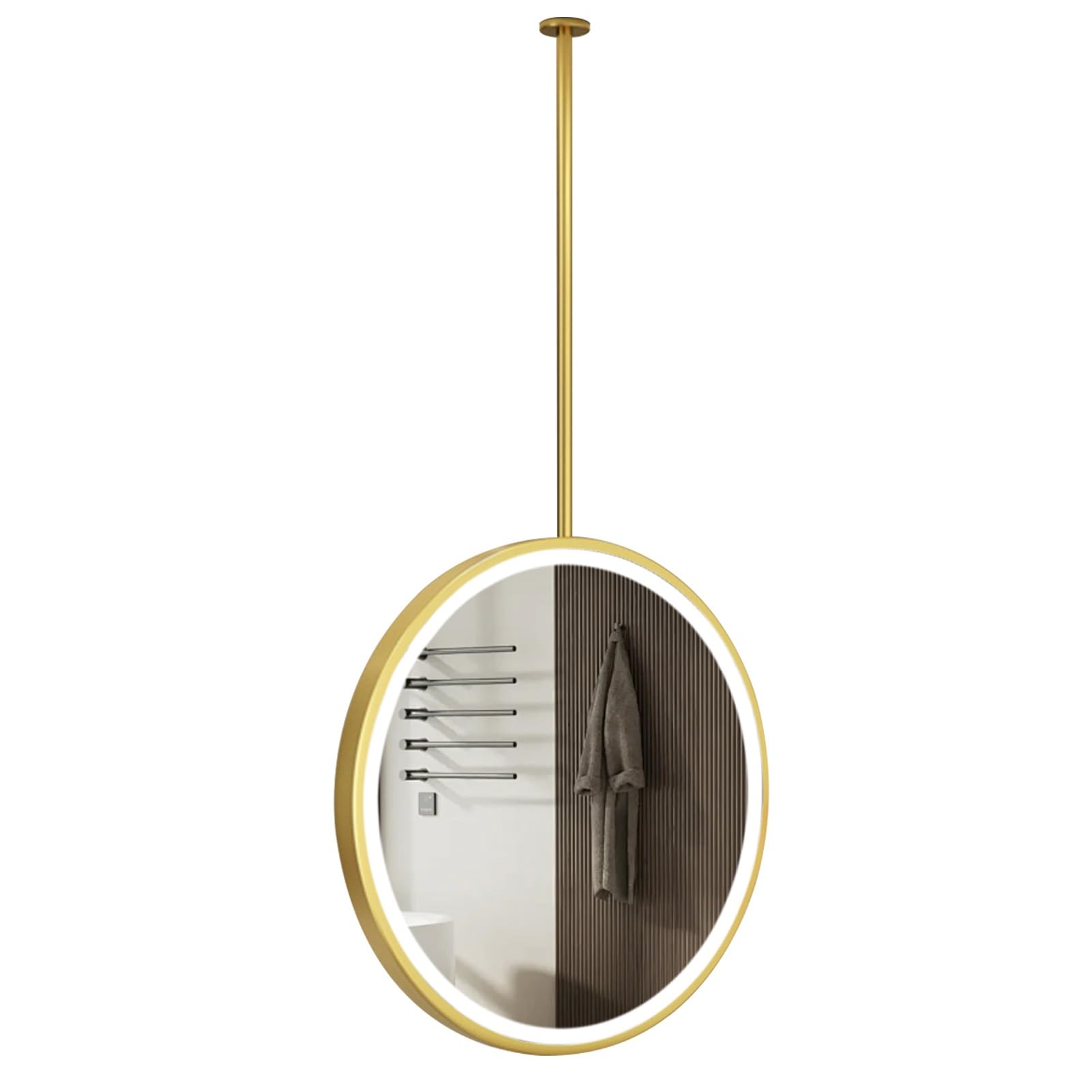 SXFSDOU LED Bathroom Mirror Ceiling Hanging Rod Mirror, Round Metal Frame Vanity Decorative Mirrors for Living Room Hallway, 3 Colors Dimmable - Floating HD Glass Mirror(Diameter-60CM/23.6INCH)