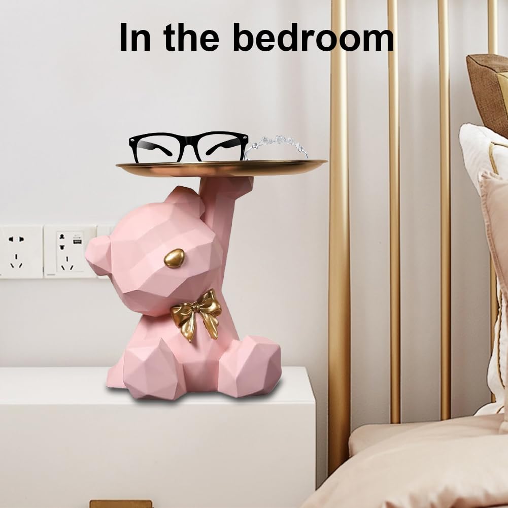 Statua di Orso con Vassoio, Statua Orso Geometrico, Svuotatasche da Ingresso Design, Sculture Moderne Design, Vassoio portaoggetti per soggiorno, ingresso, ufficio, decorazione da scrivania, Rosa