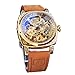 FORSINING Fancy Uhren f&uuml;r M&auml;nner, quadratische Retro mechanische Uhr Self-Wind geschnitzt, Gear Uhrwerk Golden Skelett Luxus Automatische Uhren Vintage Lederarmband Armbanduhr